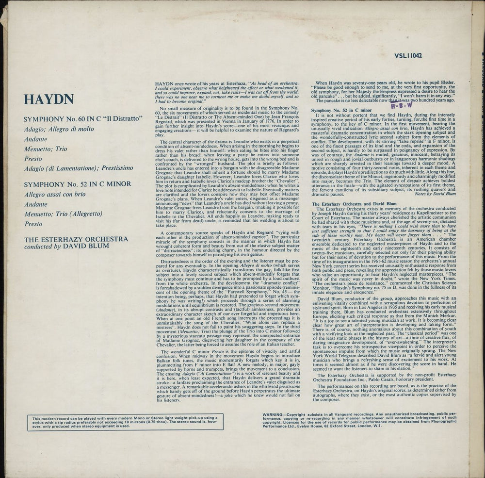 Franz Joseph Haydn Symphony No. 60 in C " Il Distratto" / Symphony No. 52 in C Minor UK vinyl LP album (LP record)