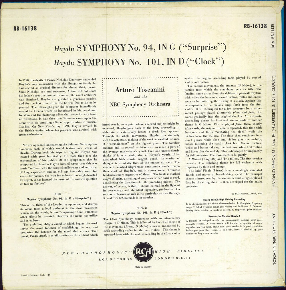 Franz Joseph Haydn Symphony No. 94 in G Major "Surprise" & Symphony No. 101 in D "The Clock" UK vinyl LP album (LP record) HJYLPSY783807