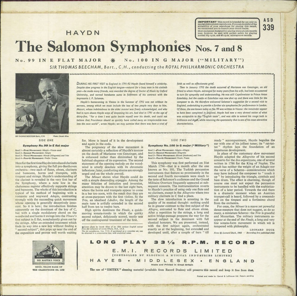 Franz Joseph Haydn The Salomon Symphonies Nos. 7 & 8 UK vinyl LP album (LP record)