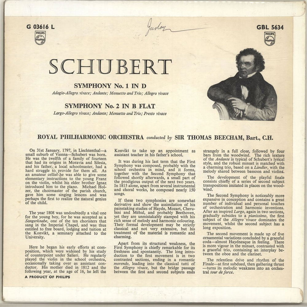 Franz Schubert Symphony No. 1 in D / Symphony No. 2 in B Flat UK vinyl LP album (LP record)