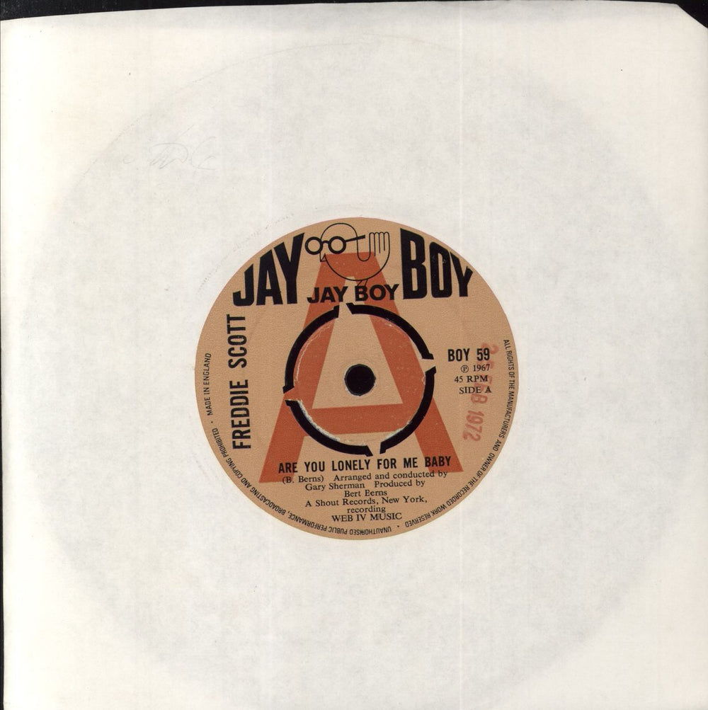 Freddie Scott Are You Lonely For Me, Baby - A-Label UK 7" vinyl single (7 inch record / 45) BOY59