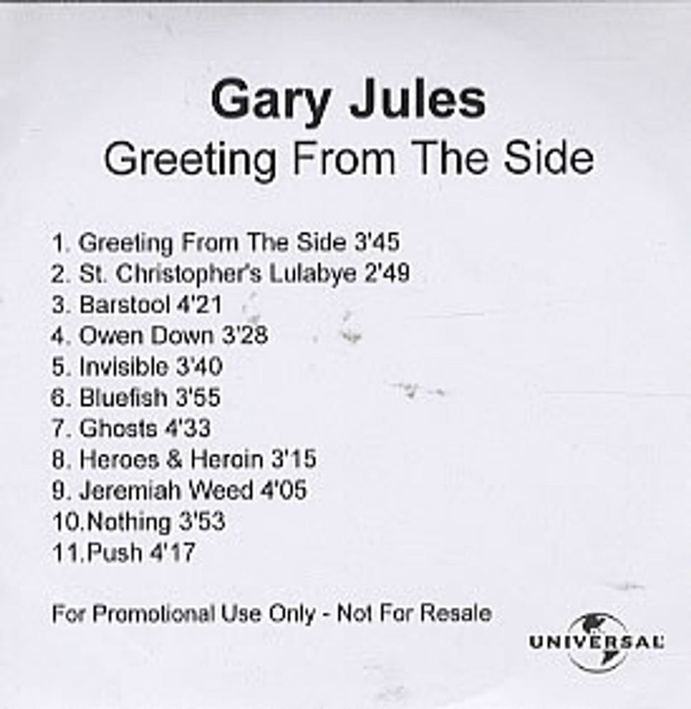 Gary Jules Greeting From The Side UK Promo CD-R acetate CD ACETATE