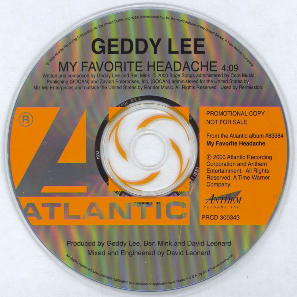 Geddy Lee My Favourite Headache US Promo CD single (CD5 / 5") GDYC5MY168679