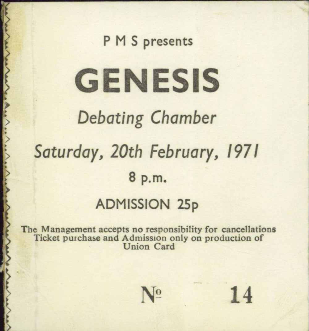 Genesis Debating Chamber Southampton 1971 Ticket Stub UK concert ticket TICKET