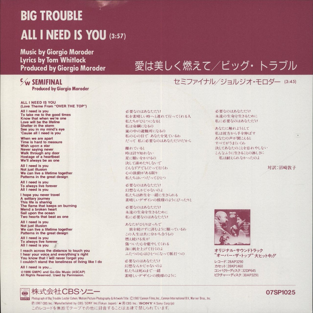 Giorgio Moroder All I Need Is You Japanese Promo 7" vinyl single (7 inch record / 45) 4988009011516