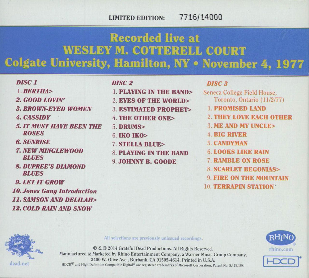 Grateful Dead Dave's Picks Volume 12: Colgate University, Hamilton, NY 11/4/77 US 3-CD album set (Triple CD)