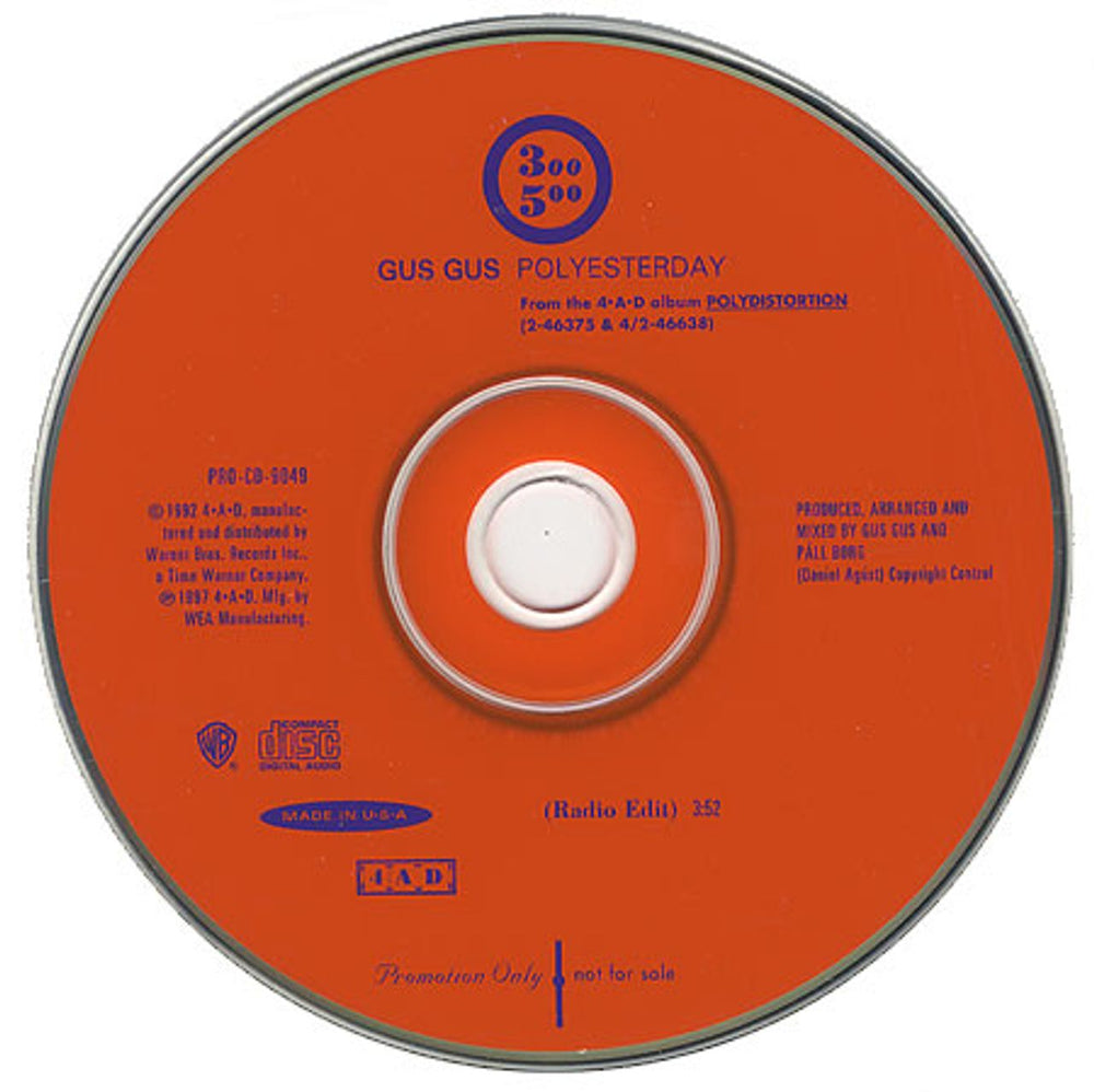 Gus Gus Polyesterday US Promo CD single (CD5 / 5") PRO-CD-9049