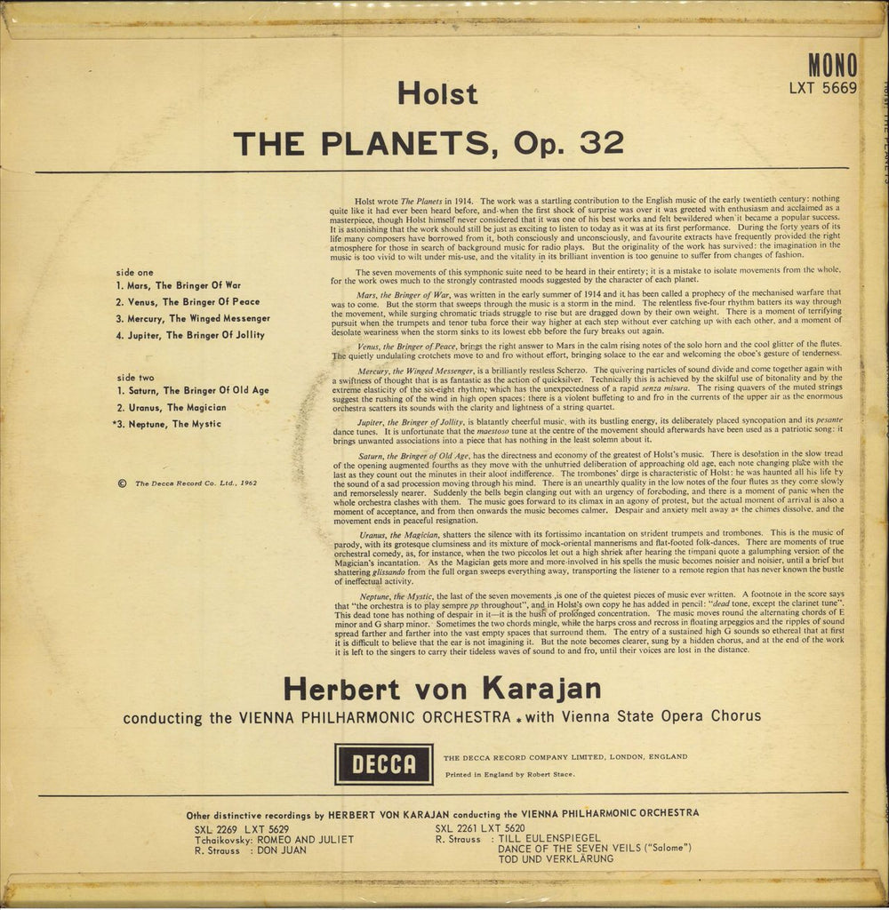 Gustav Holst The Planets, Op.32 UK vinyl LP album (LP record)