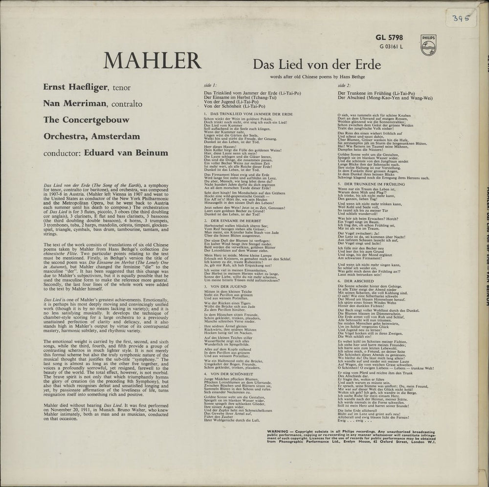 Gustav Mahler Das Lied Von Der Erde UK vinyl LP album (LP record)