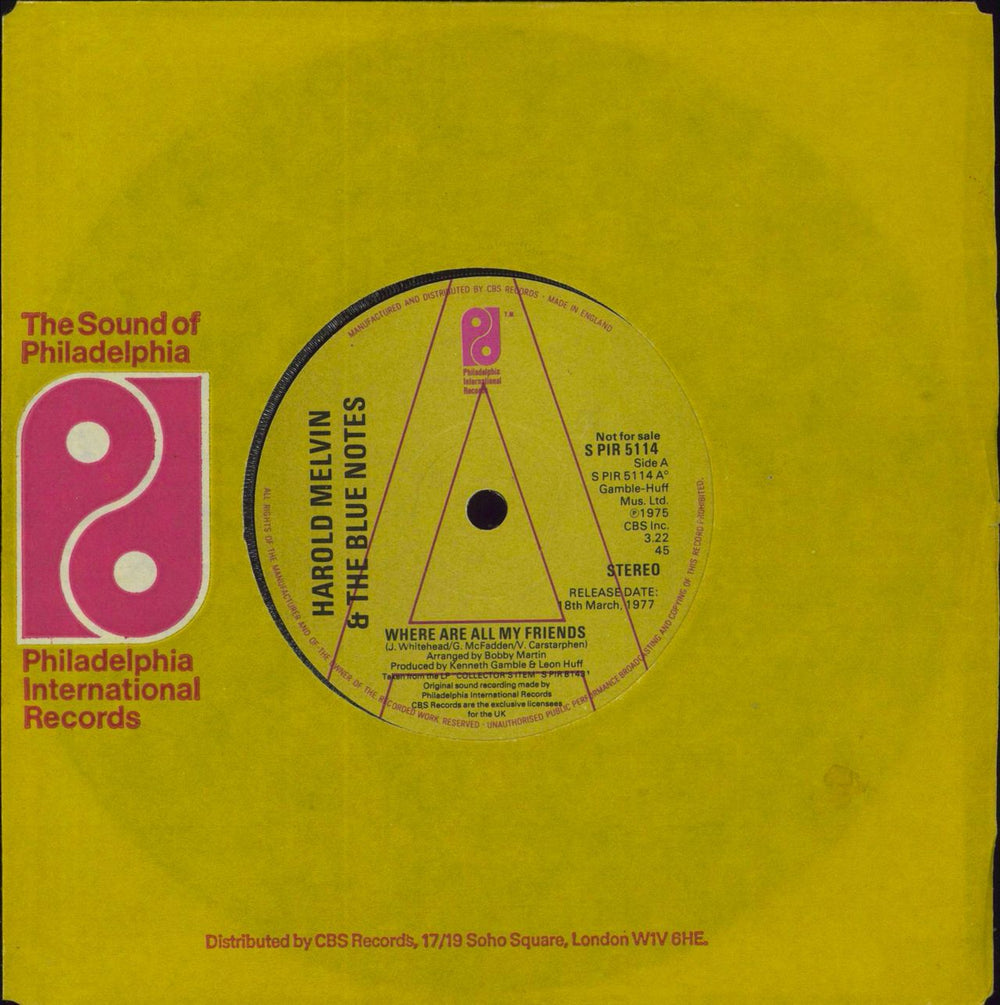 Harold Melvin & The Blue Notes Where Are All My Friends - A Label UK Promo 7" vinyl single (7 inch record / 45) SPIR5114