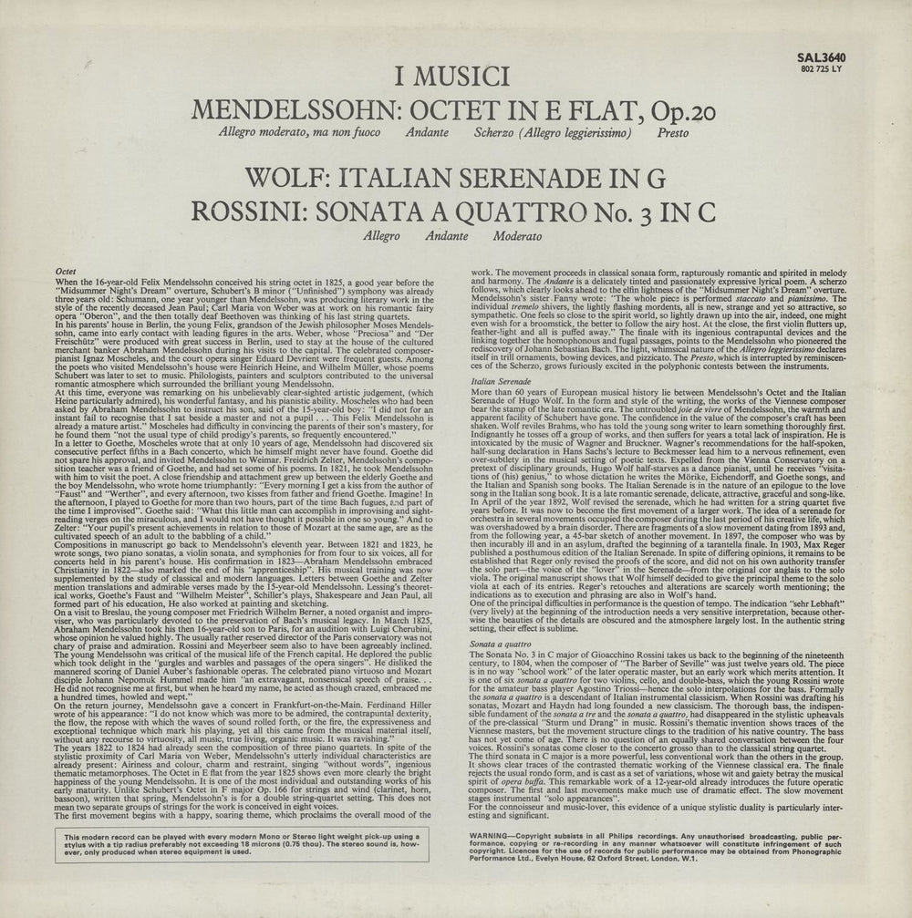 I Musici Mendelssohn: Octet in E Flat, Op.20 / Wolf: Italian Serenade in G / Rossini: Sonata A Quattro No. 3 Dutch vinyl LP album (LP record)