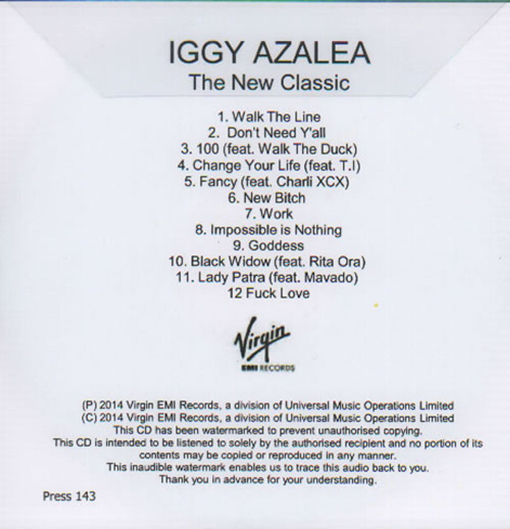 Iggy Azalea The New Classic UK Promo CD-R acetate IG3CRTH635236