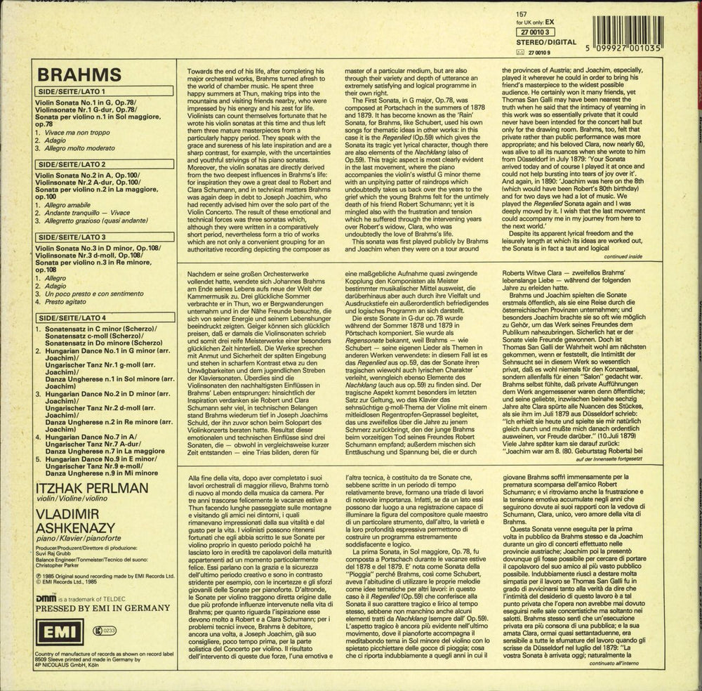 Itzhak Perlman & Vladimir Ashkenazy Brahms: The Sonatas For Violin & Piano German 2-LP vinyl record set (Double LP Album) 5099927001035