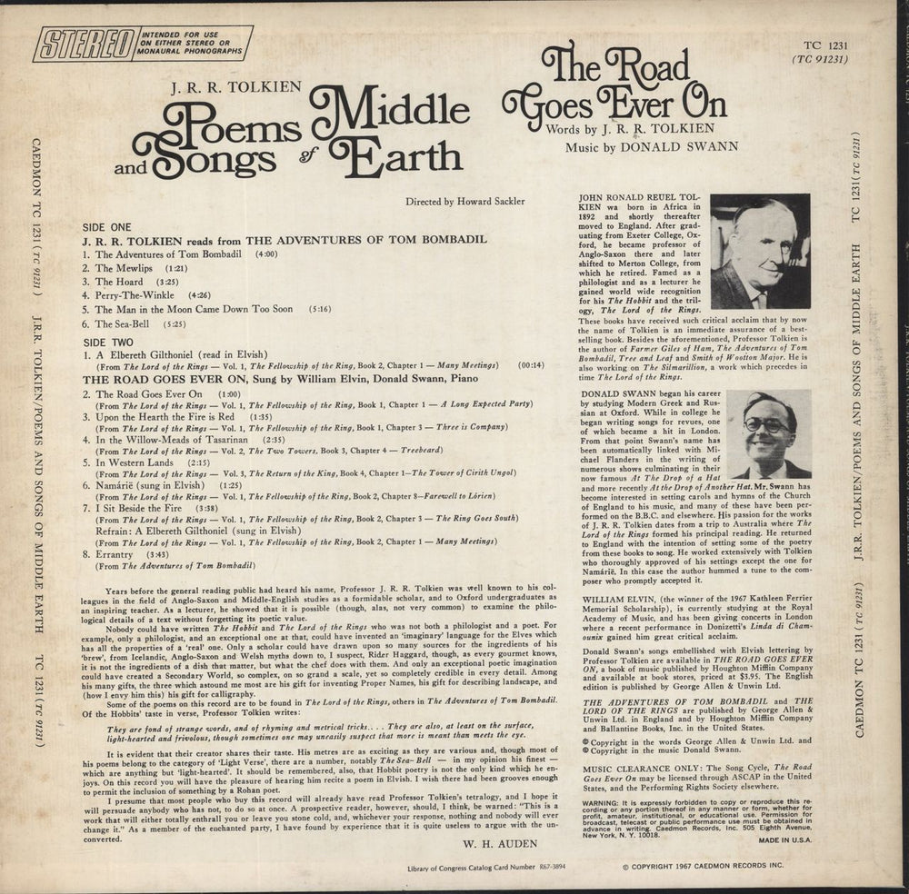 J.R.R. Tolkien Poems & Songs Of Middle Earth-VG sleeve US vinyl LP album (LP record)