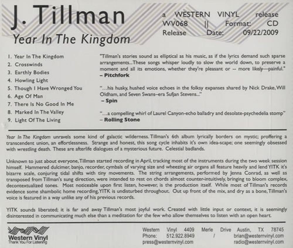 J. Tillman Year In The Kingdom US Promo CD album (CDLP) WEST068