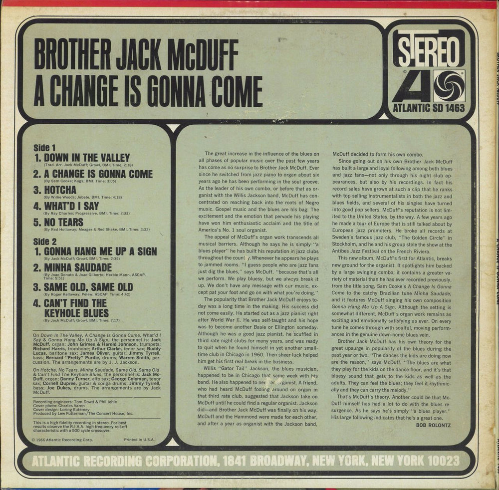 Jack McDuff A Change Is Gonna Come US vinyl LP album (LP record)