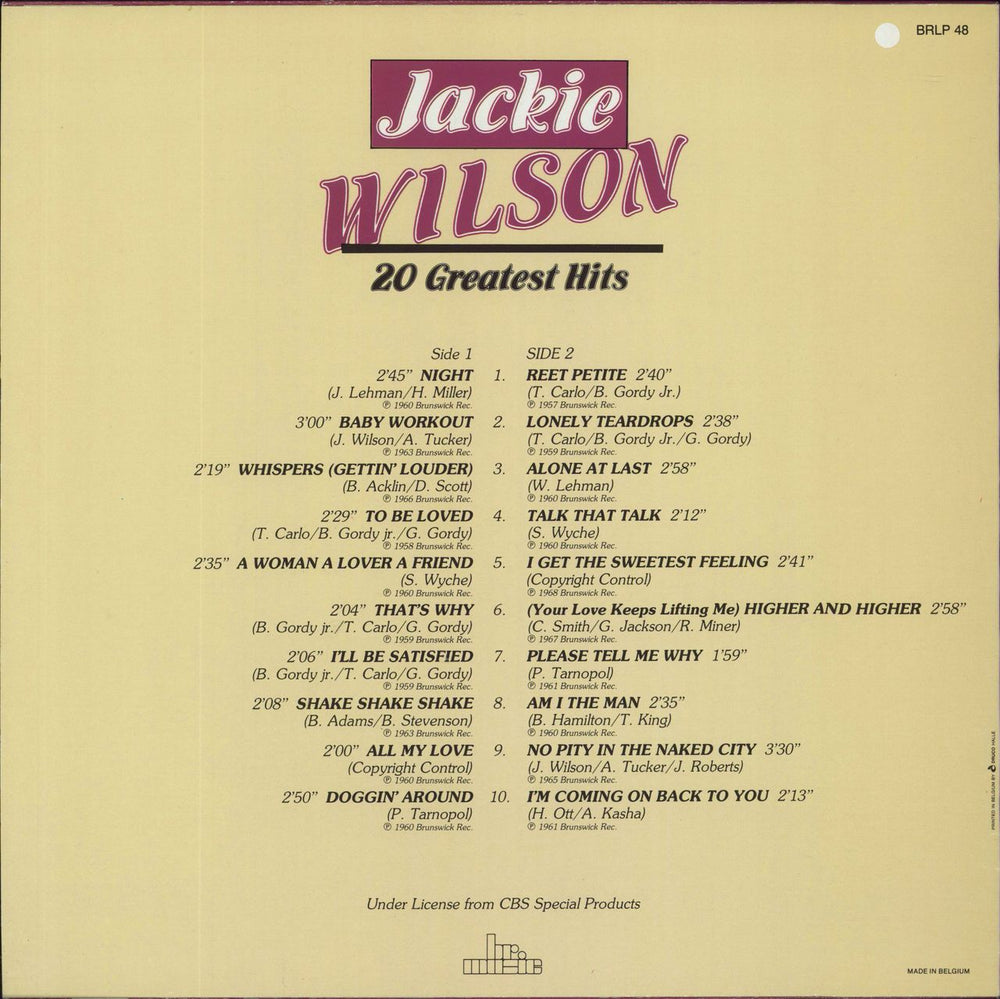 Jackie Wilson 20 Greatest Hits Belgian vinyl LP album (LP record)