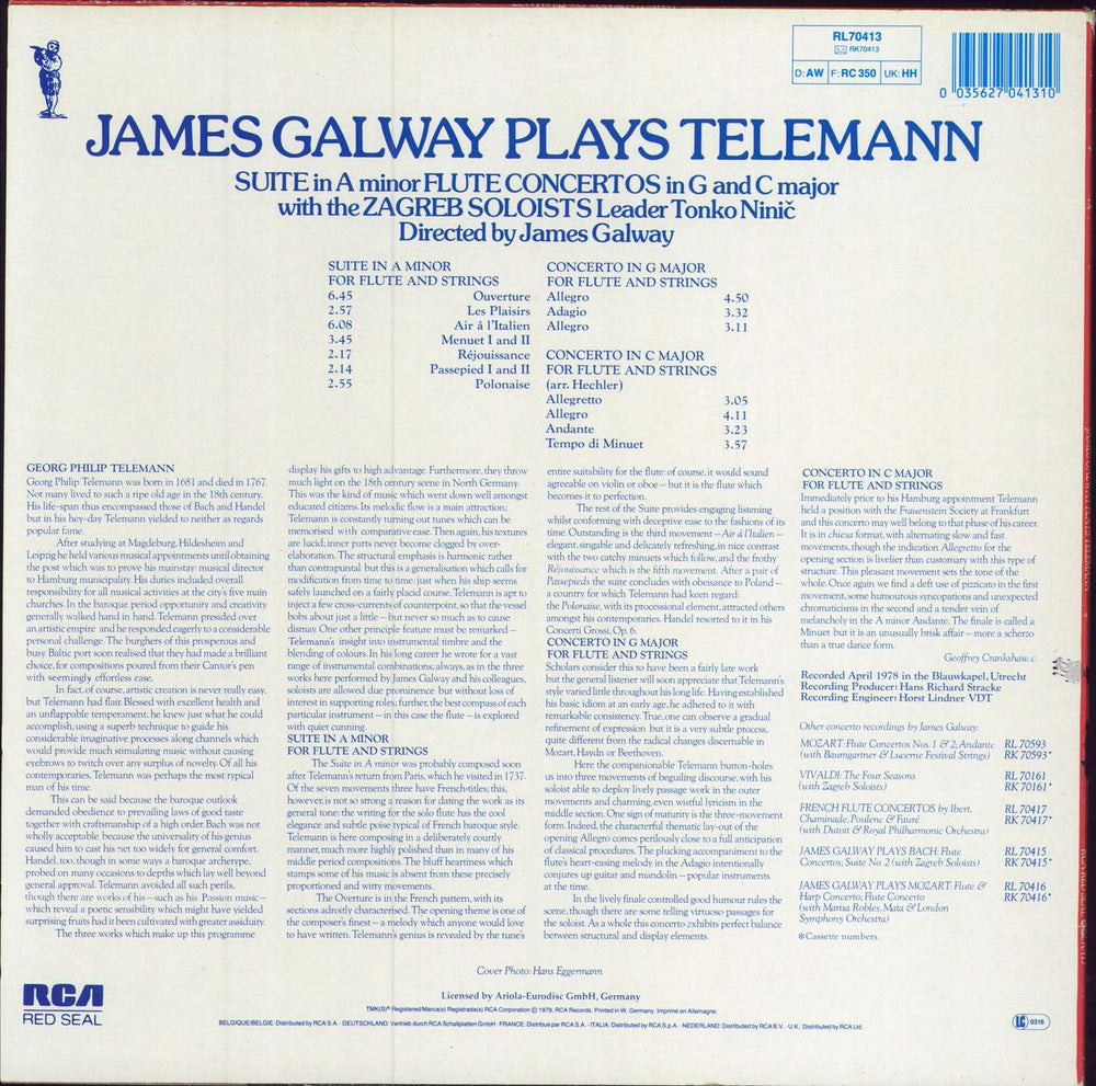 James Galway James Galway Plays Telemann German vinyl LP album (LP record) 035627041310