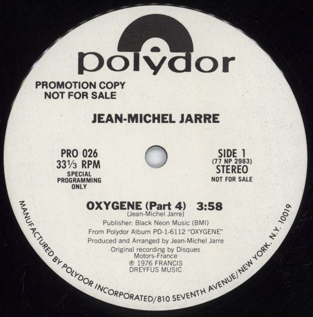 Jean-Michel Jarre Oxygene US Promo 12" vinyl single (12 inch record / Maxi-single) JMJ12OX08795