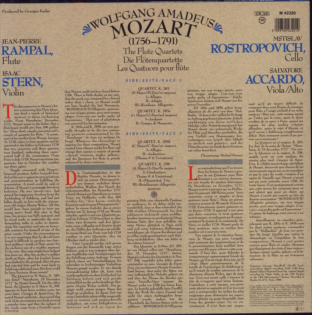 Jean-Pierre Rampal Mozart: The Flute Quartets Dutch vinyl LP album (LP record) 5099704232010