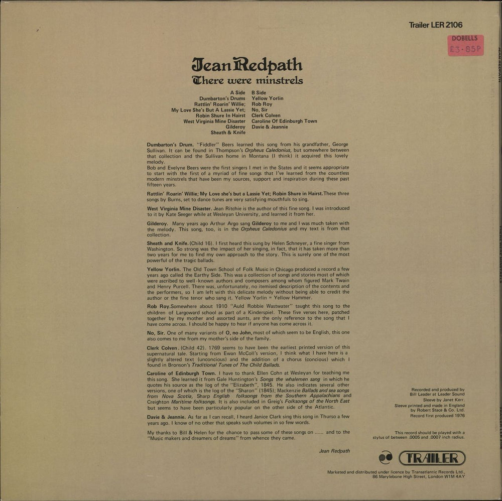 Jean Redpath There Were Minstrels UK vinyl LP album (LP record)