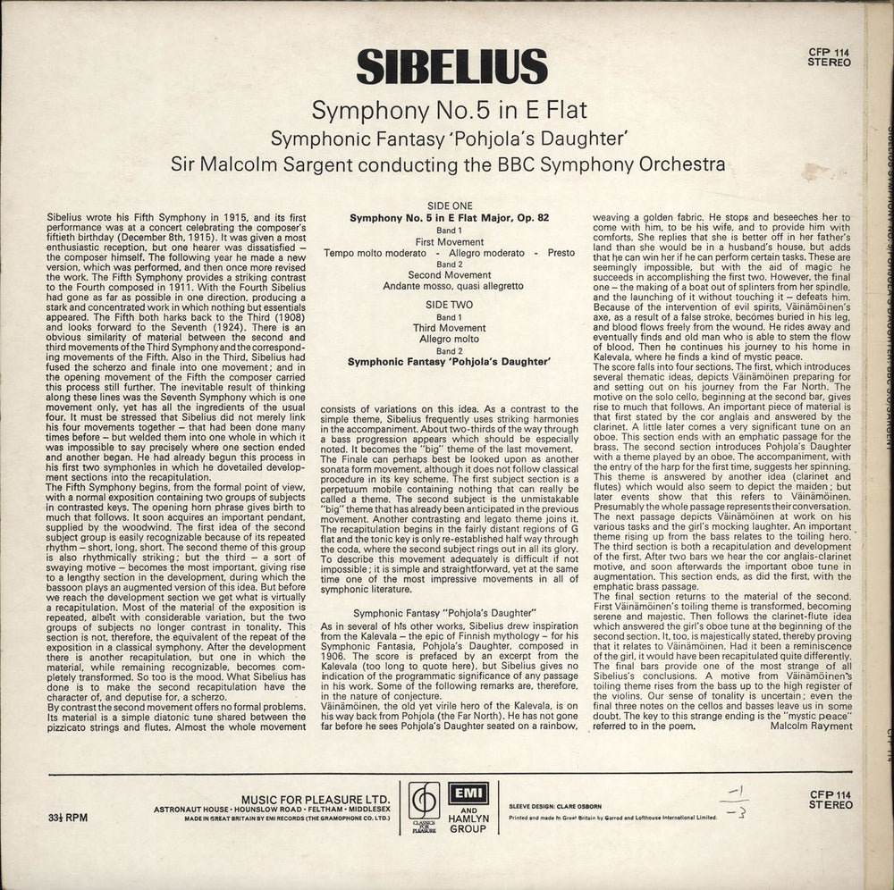 Jean Sibelius Symphony No.5 / 'Pohjola's Daughter' UK vinyl LP album (LP record)