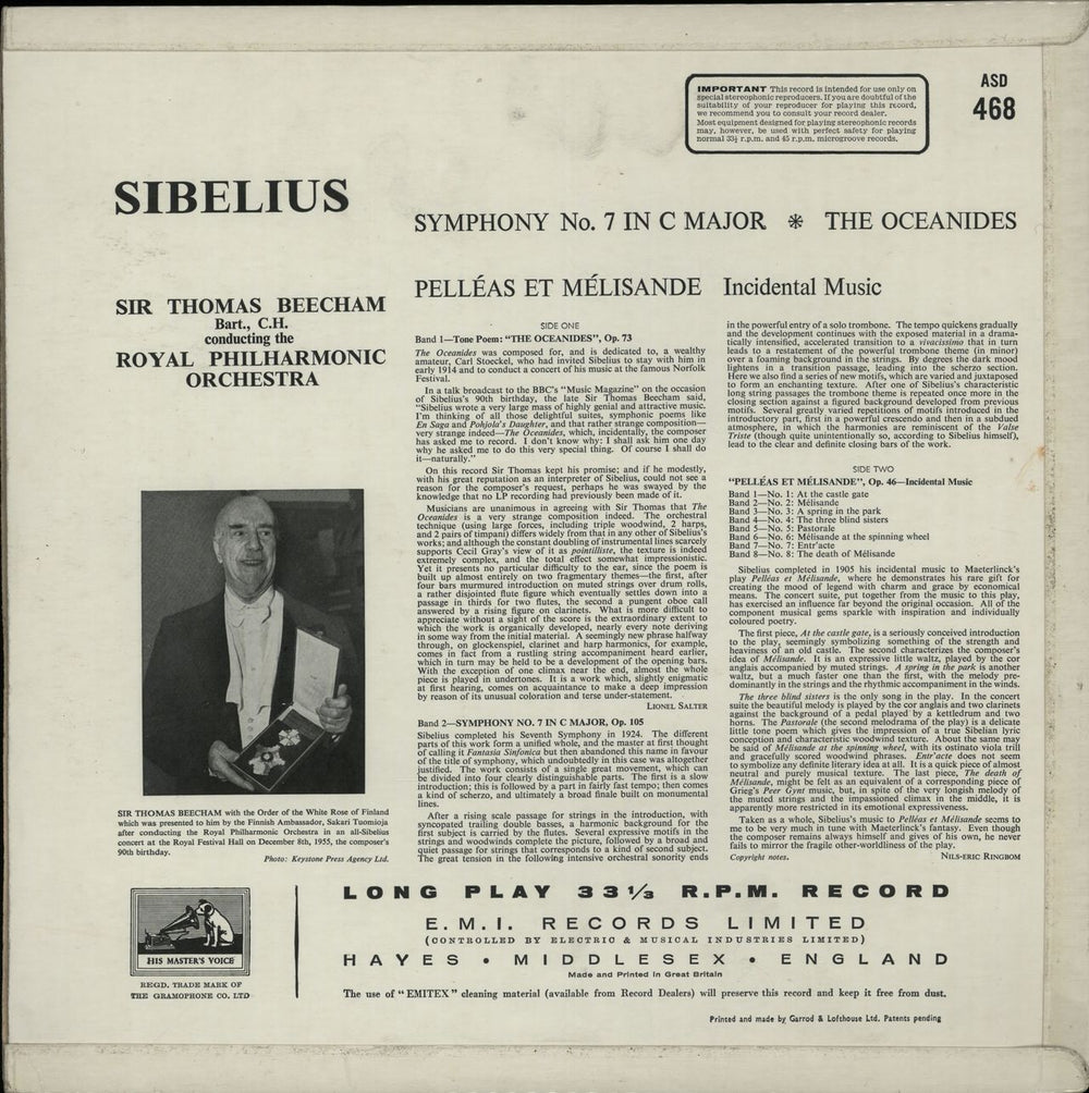 Jean Sibelius Symphony No. 7 / Pelléas et Mélisande / The Oceanides - 2nd UK vinyl LP album (LP record) SE3LPSY652467