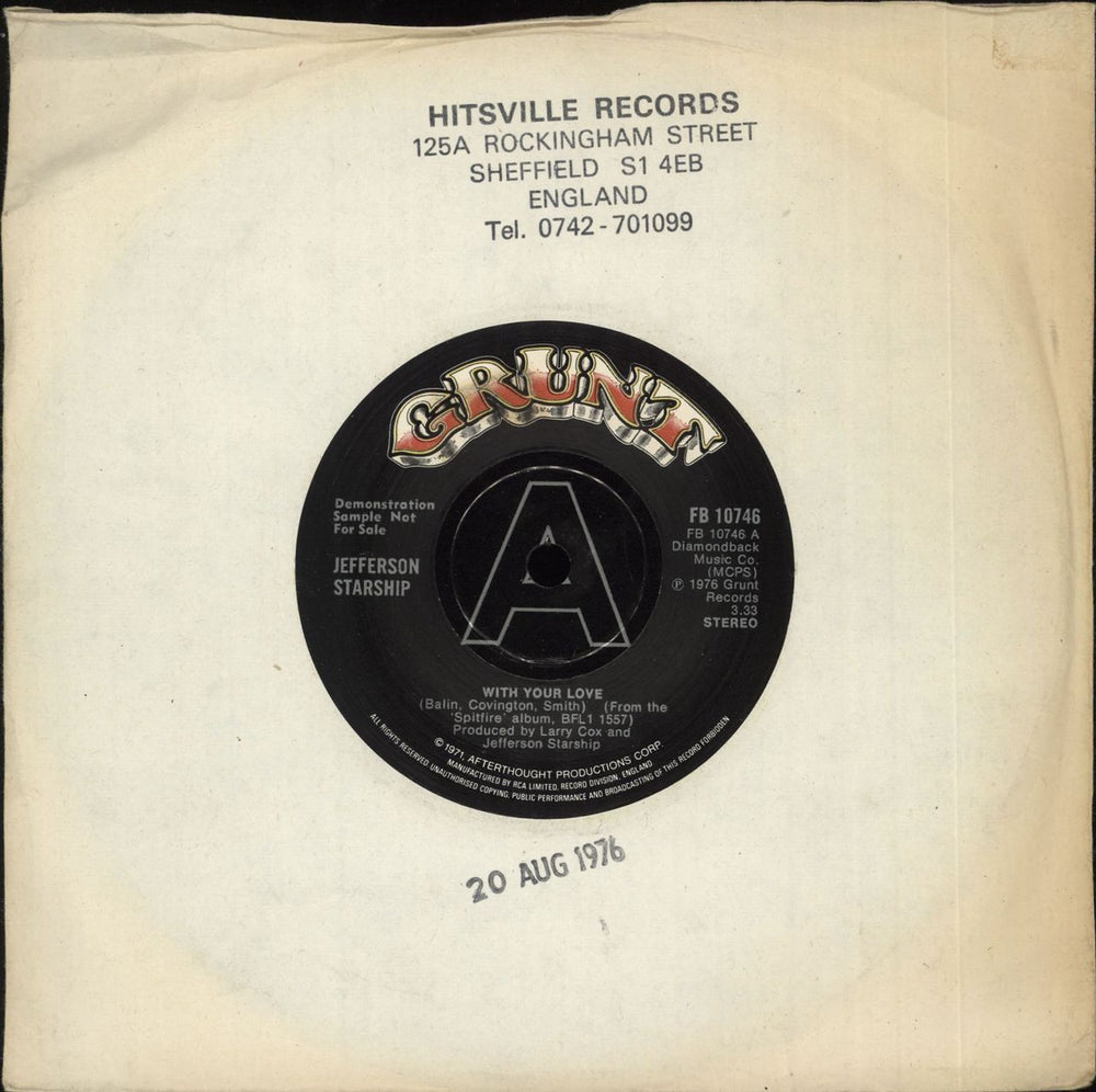 Jefferson Starship With Your Love - 'A' label UK 7" vinyl single (7 inch record / 45) FB10746