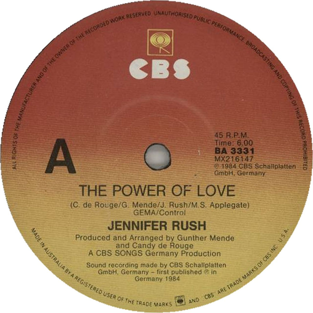 Jennifer Rush The Power Of Love Australian 7" vinyl single (7 inch record / 45) JRU07TH646260