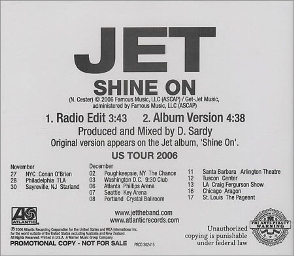 Jet Shine On US Promo CD single (CD5 / 5") J/TC5SH384458