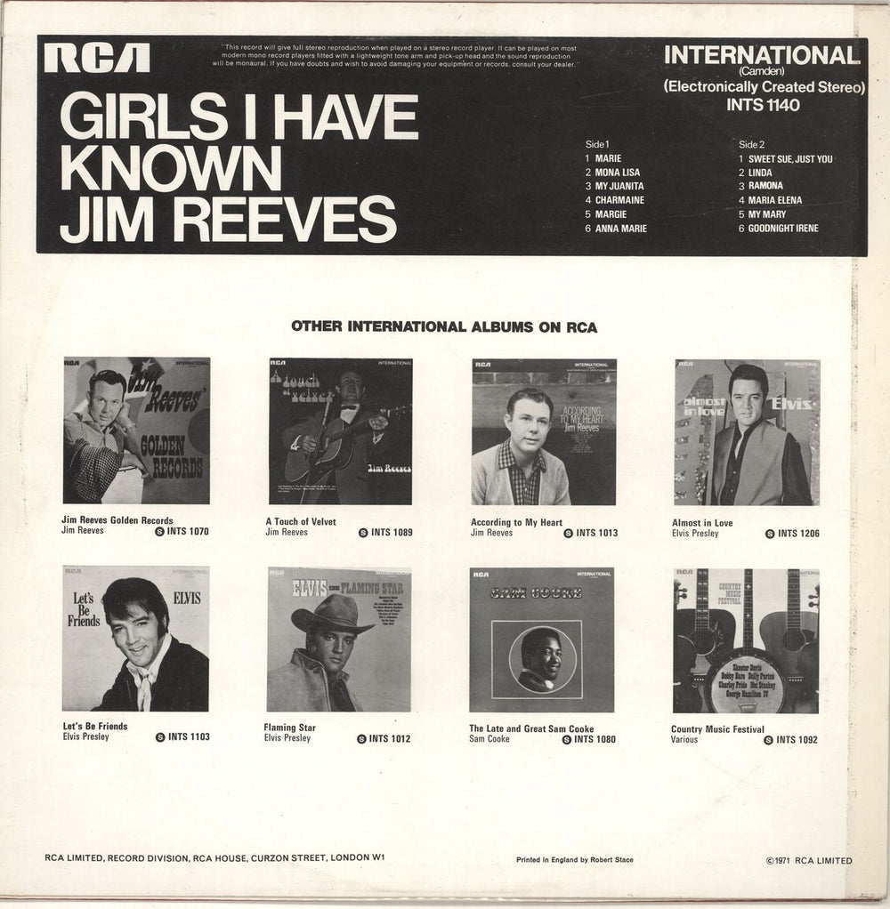 Jim Reeves Girls I Have Known UK vinyl LP album (LP record)