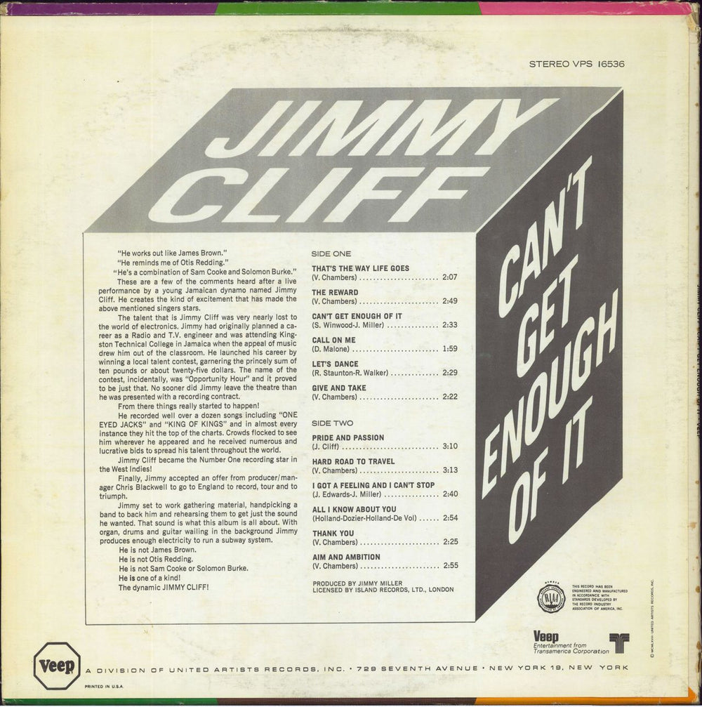 Jimmy Cliff Can't Get Enough Of It US vinyl LP album (LP record)