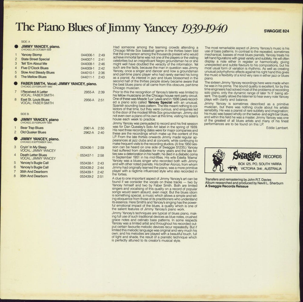 Jimmy Yancey The Piano Blues Of Jimmy Yancey 1939-1940 Australian vinyl LP album (LP record)