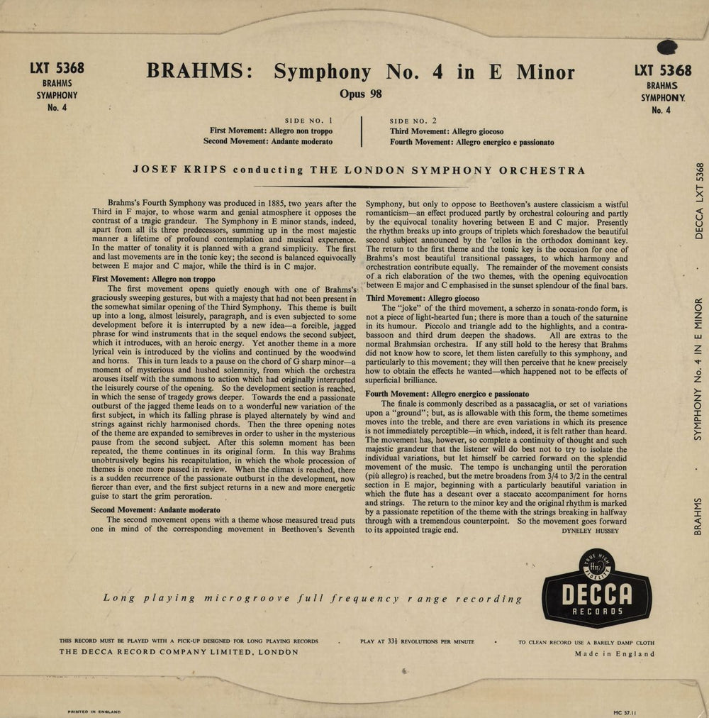 Johannes Brahms Symphony No. 4 in E Minor UK vinyl LP album (LP record)