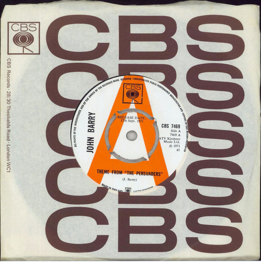 John Barry (Composer) Theme From 'The Persuaders' - A Label UK Promo 7" vinyl single (7 inch record / 45) CBS7469