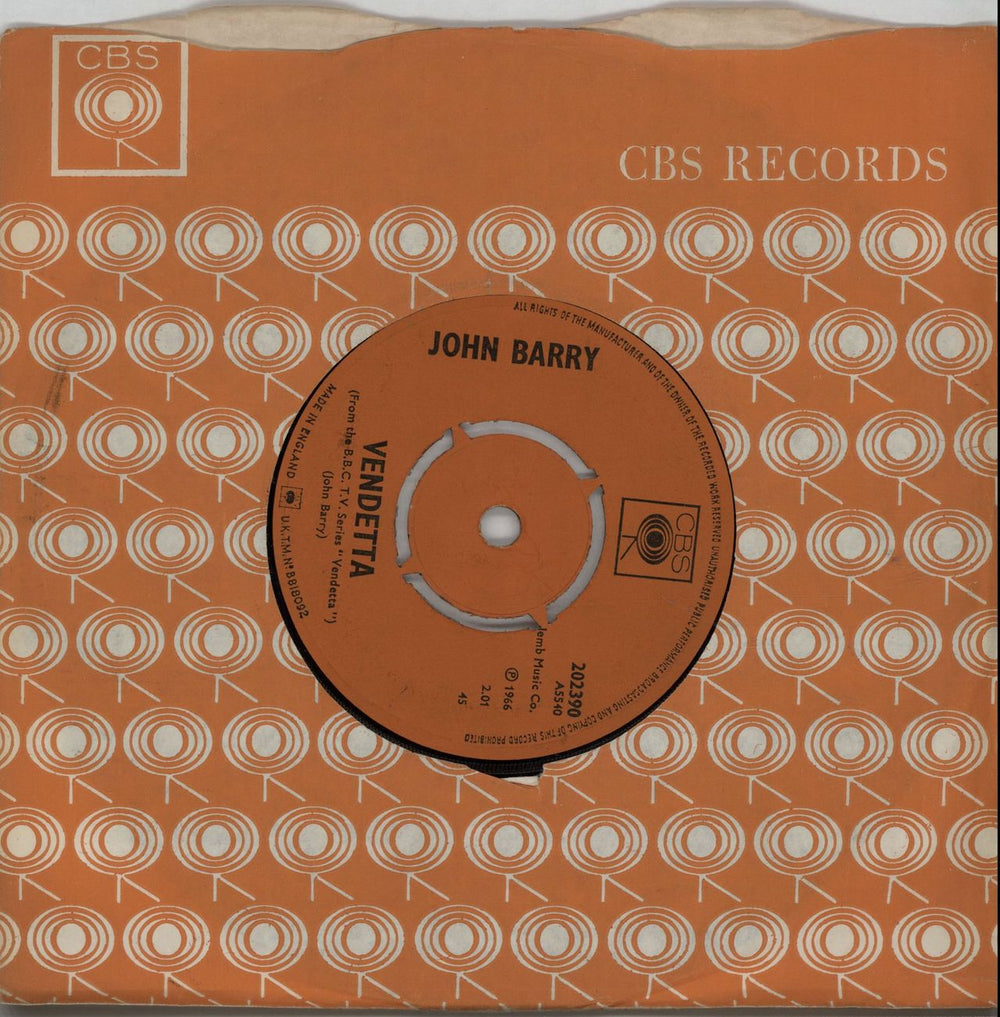 John Barry (Composer) Vendetta UK 7" vinyl single (7 inch record / 45) 202390