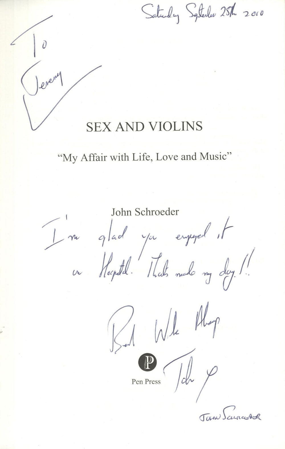 John Schroeder Sex & Violins - Autographed UK book JQPBKSE739668