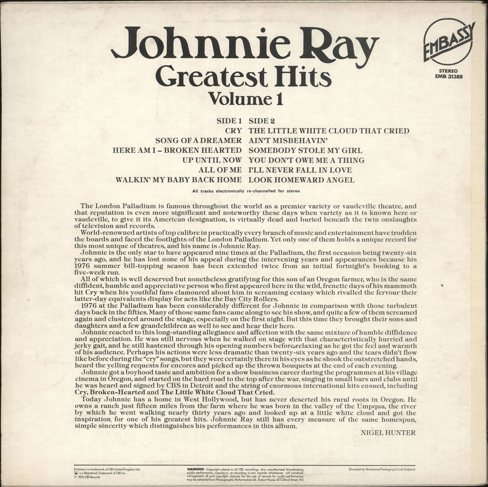 Johnnie Ray Greatest Hits Vol. 1 UK vinyl LP album (LP record)