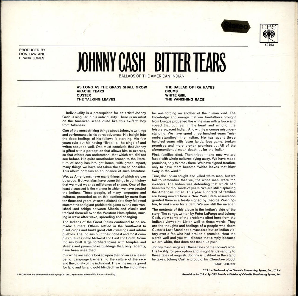 Johnny Cash Bitter Tears - 2nd UK vinyl LP album (LP record)