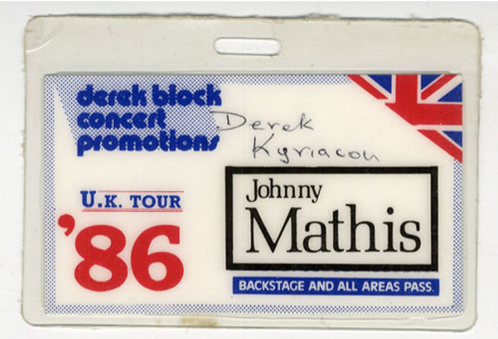 Johnny Mathis UK Tour '86 UK tour pass TOUR PASS