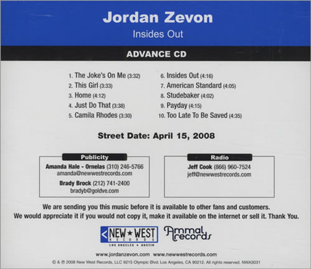 Jordan Zevon Inside Out US Promo CD album (CDLP) NWA3031