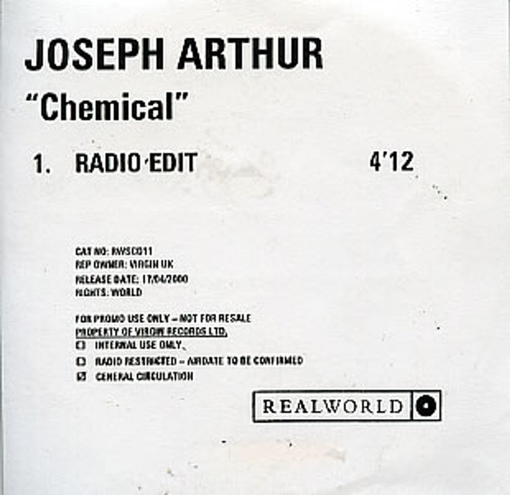 Joseph Arthur Chemical UK Promo CD-R acetate CD-R ACETATE