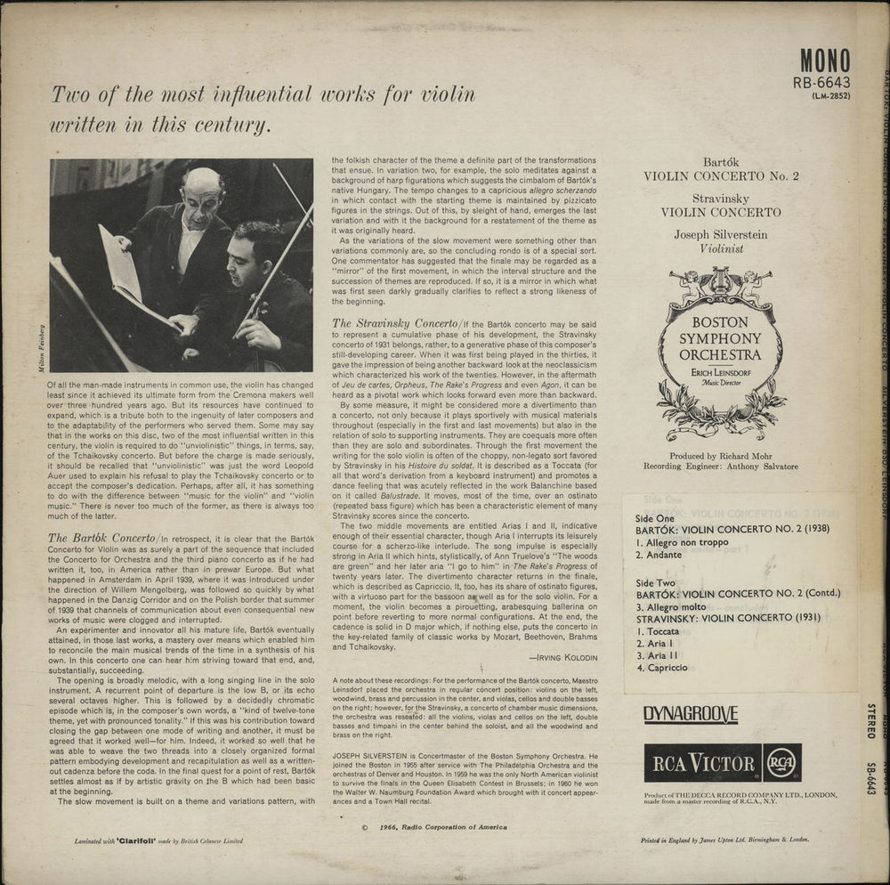 Joseph Silverstein Bartók: Violin Concerto No. 2 / Stravinsky: Violin Concerto UK vinyl LP album (LP record)