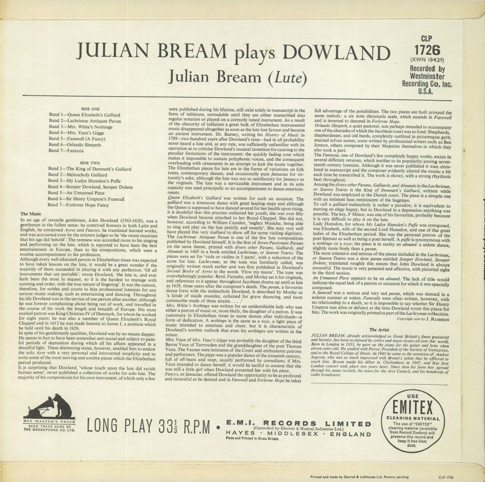 Julian Bream Julian Bream Plays Dowland UK vinyl LP album (LP record)