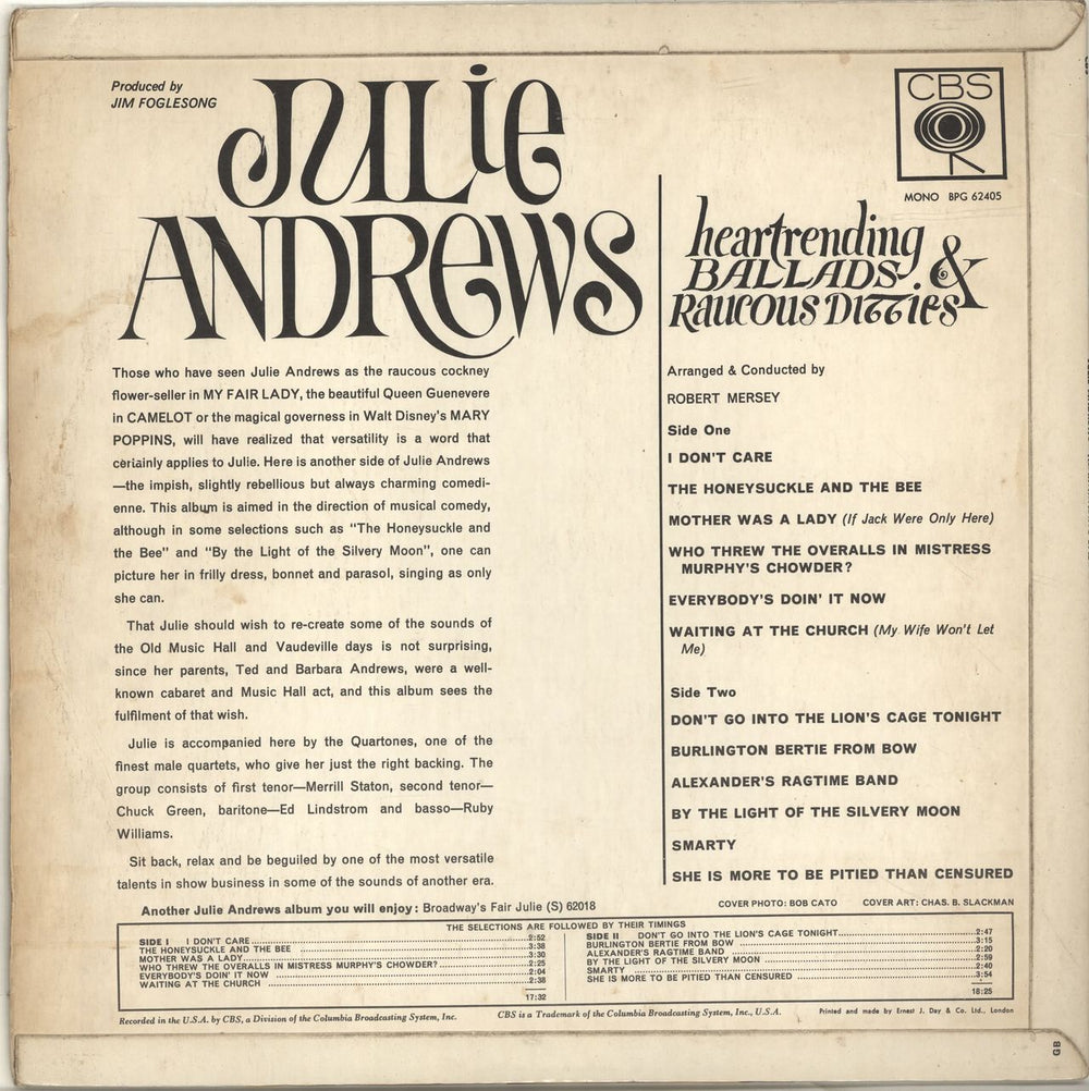 Julie Andrews Heart Rendering Ballads & Raucous Ditties UK vinyl LP album (LP record) JARLPHE694044