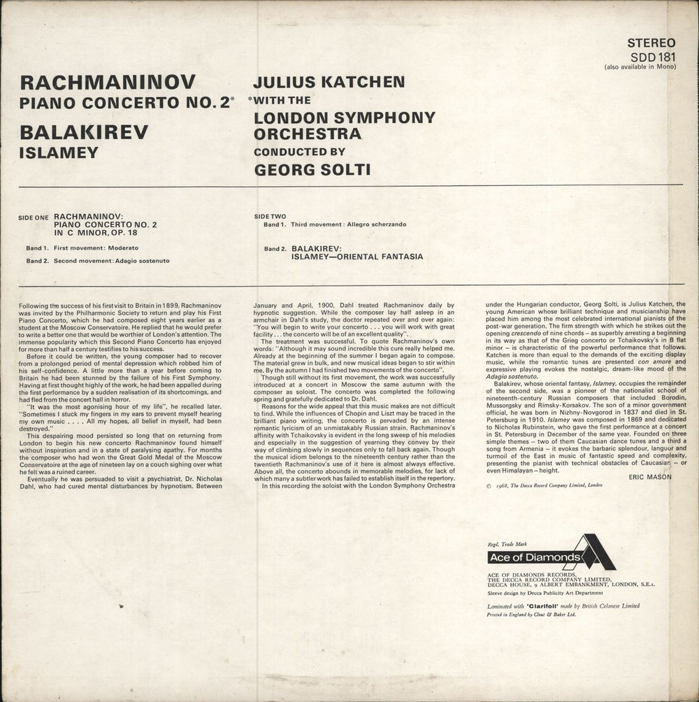 Julius Katchen Rachmaninov: Piano Concerto No. 2 / Balakirev: Islamey UK vinyl LP album (LP record)