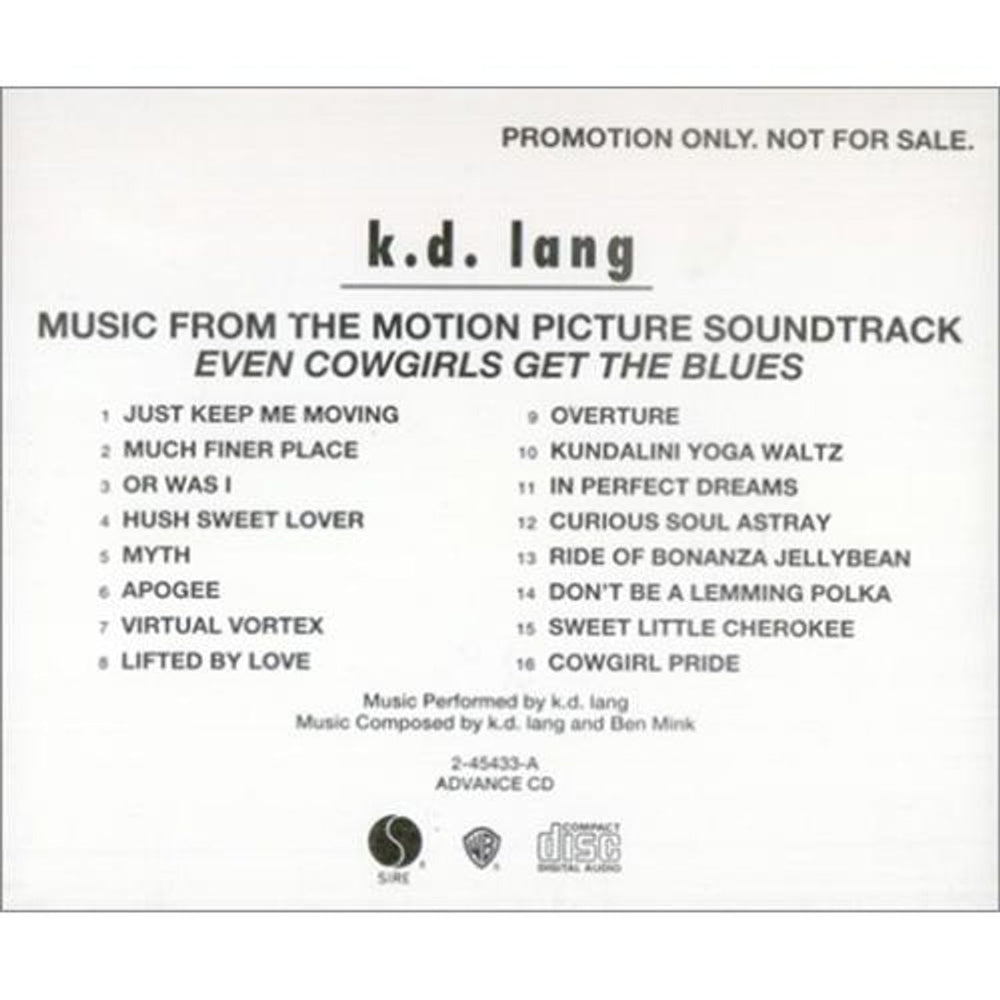 K.D. Lang Music From The Motion Picture... Even Cowgirls US Promo CD album (CDLP) KDLCDMU30029