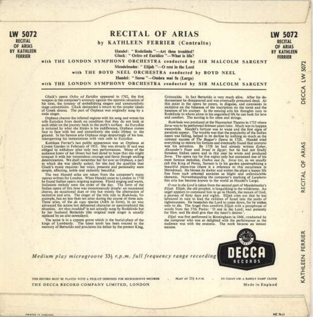 Kathleen Ferrier Recital of Arias - 3rd UK 10" vinyl single (10 inch record) KFE10RE711590