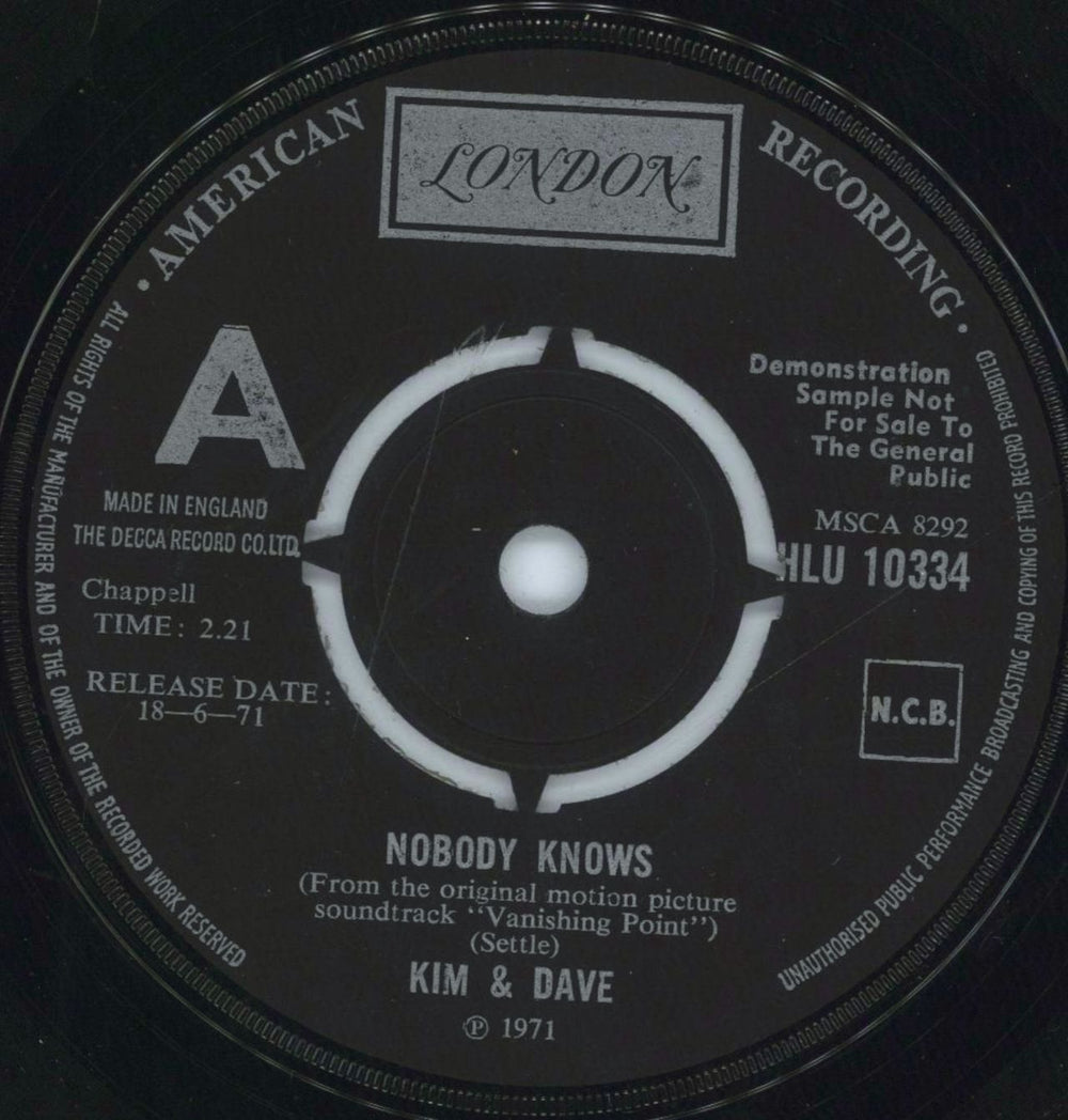 Kim & Dave Nobody Knows UK Promo 7" vinyl single (7 inch record / 45) HLU10334