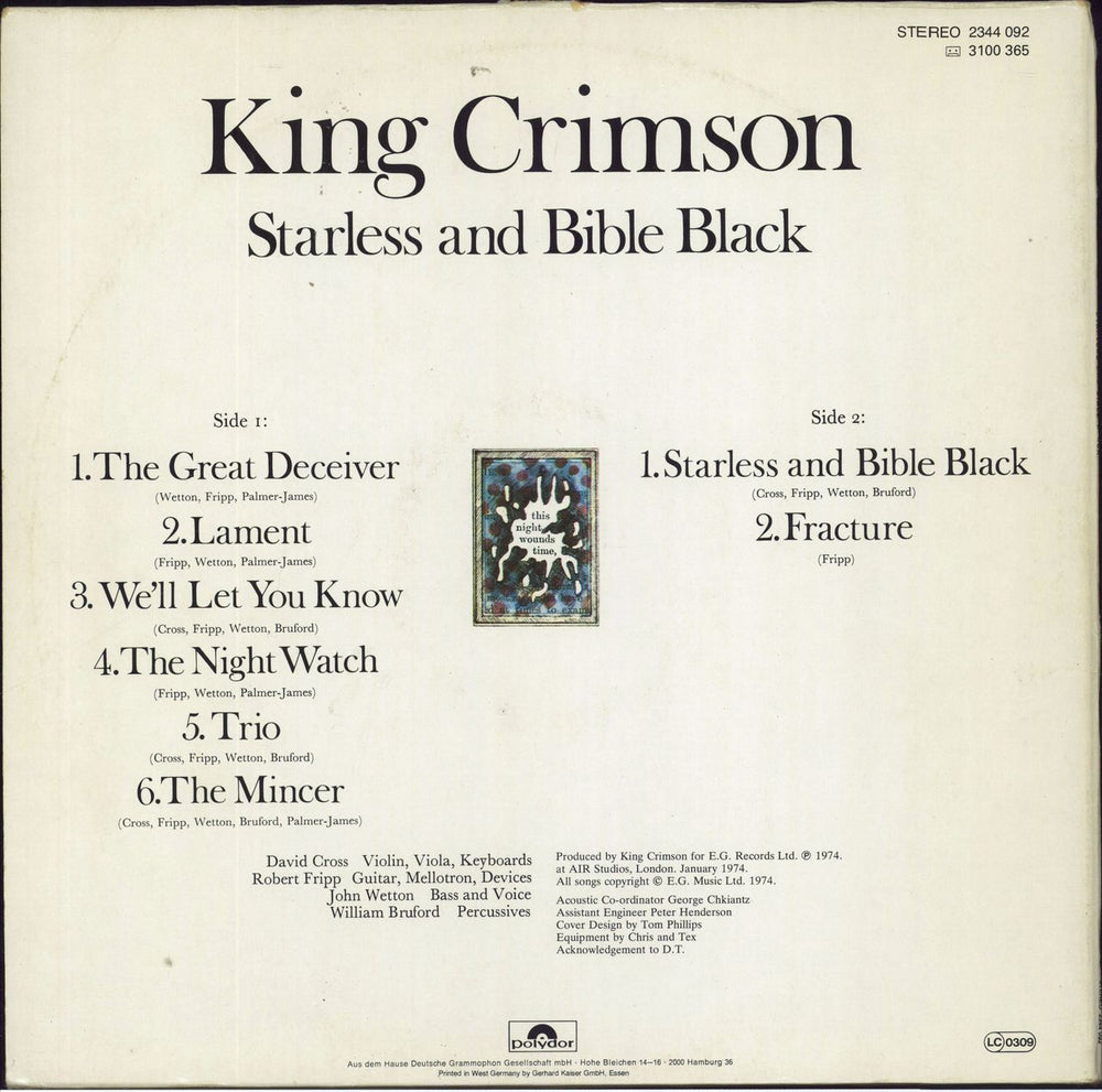 King Crimson Starless And Bible Black German vinyl LP album (LP record)